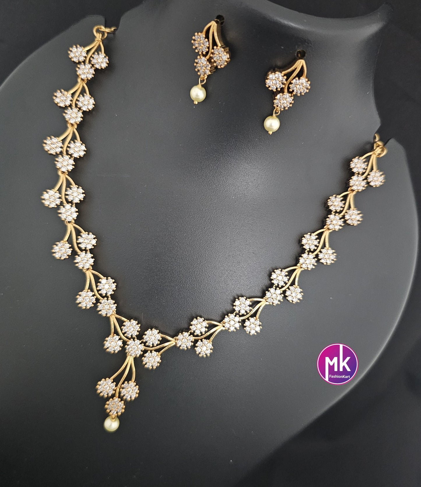 Premium Flower design Gold finish AD stone necklace with matching Earrings - Adult cum Teen Necklace - Mk Fashionkart