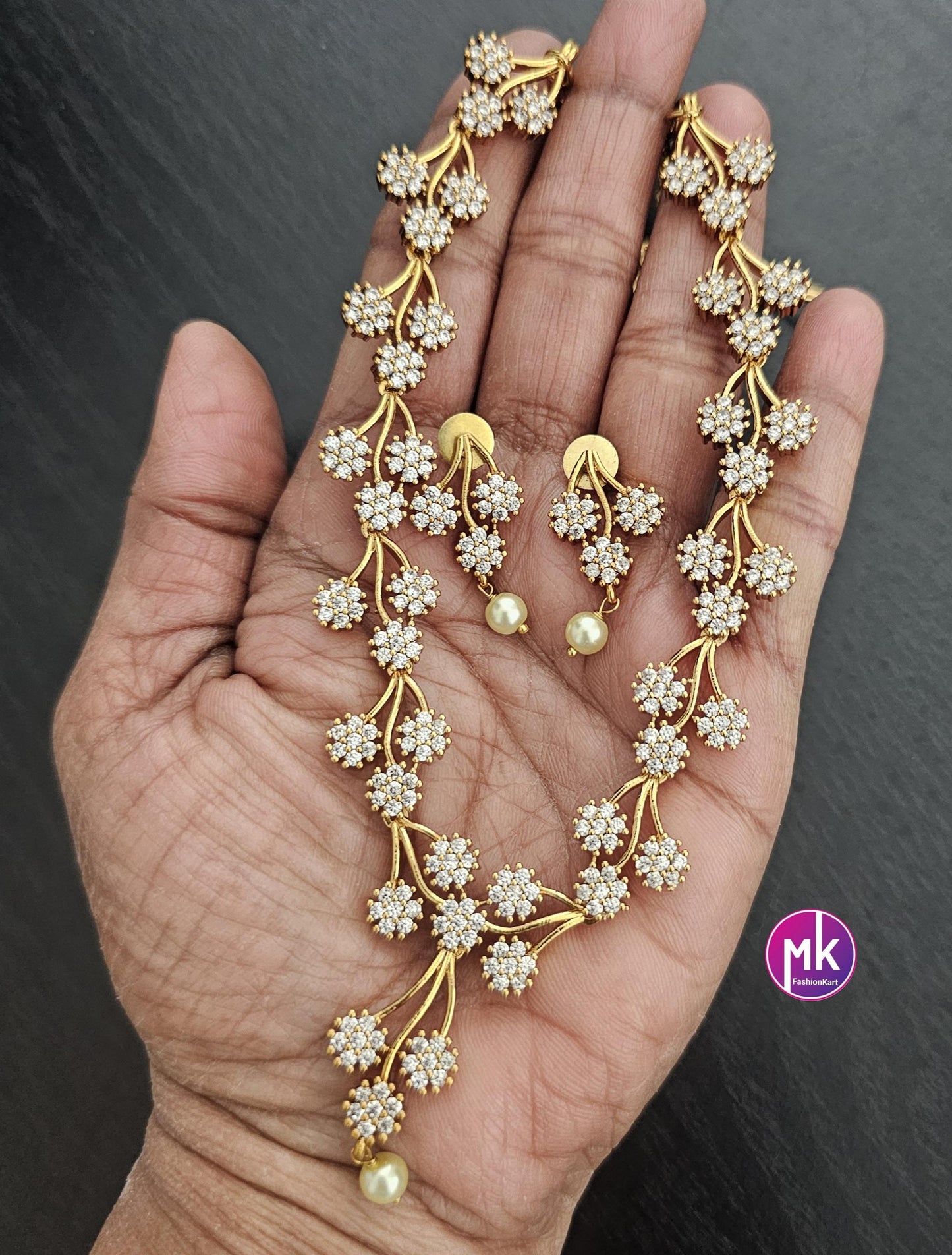 Premium Flower design Gold finish AD stone necklace with matching Earrings - Adult cum Teen Necklace - Mk Fashionkart