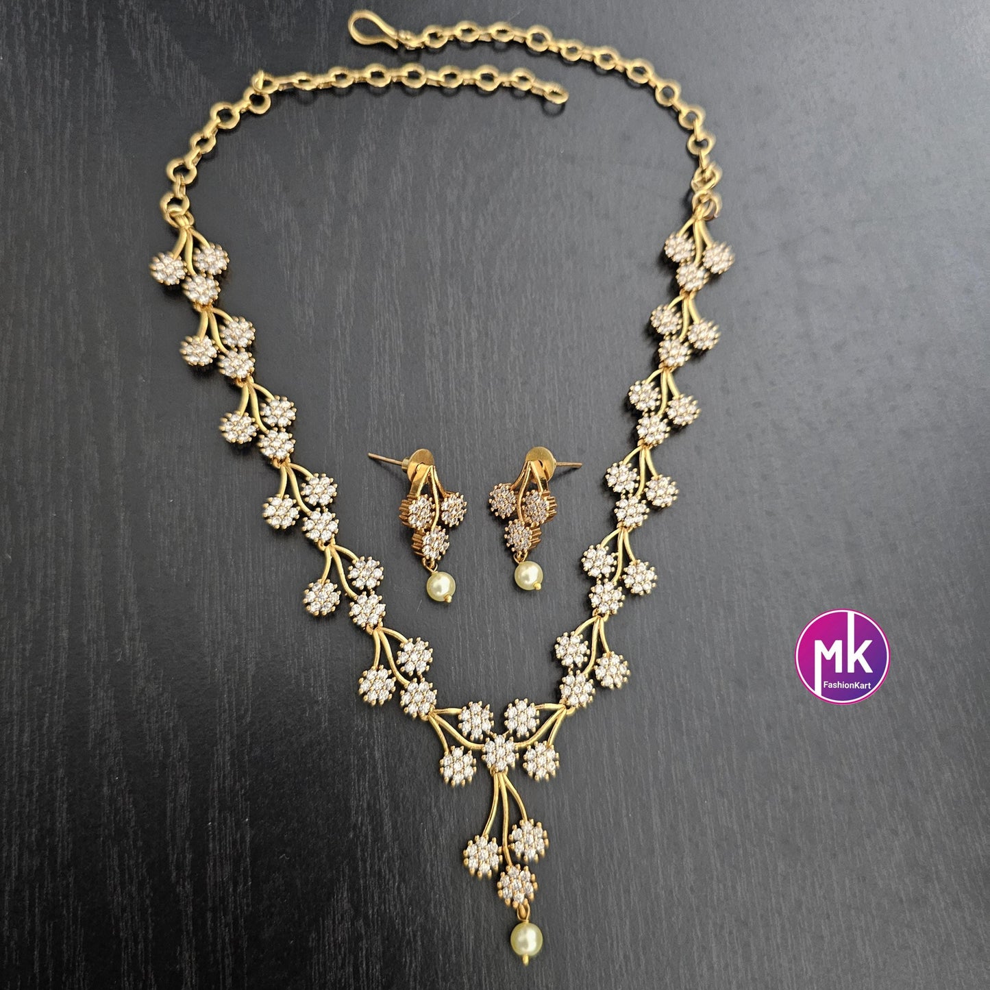 Premium Flower design Gold finish AD stone necklace with matching Earrings - Adult cum Teen Necklace - Mk Fashionkart