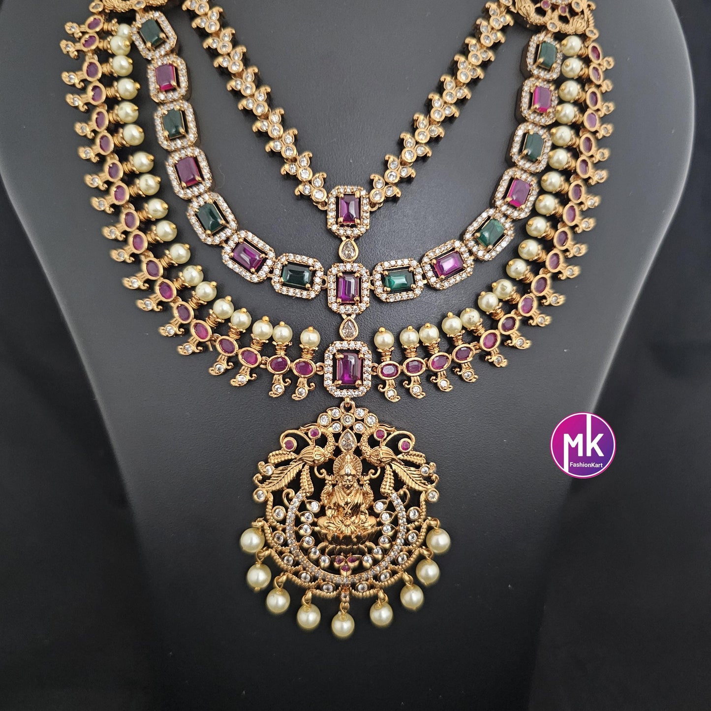 Lakshmi Premium quality AD/CZ stone Matte gold finish three layer Necklace with pendent matching Earrings - Bridal Necklace - MK Fashionkart