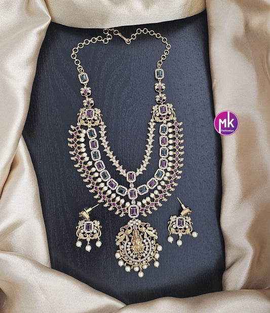 Lakshmi Premium quality AD/CZ stone Matte gold finish three layer Necklace with pendent matching Earrings - Bridal Necklace - MK Fashionkart