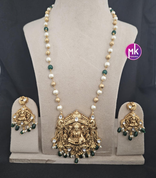 Celebrity Style Lakshmi Matte gold finish AD stones Big Pendent with and pearls, gold bead mala - Bridal Jewelry - MK Fashionkart