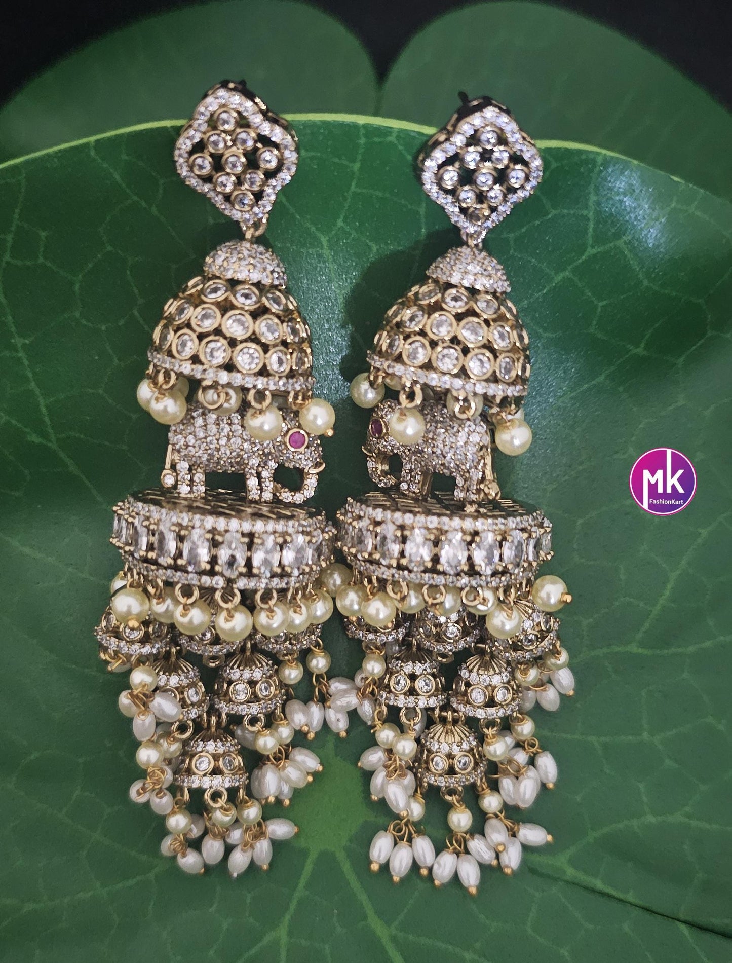 Premium quality premium polish Antique gold finish Elephant design Big Jhumka with hangings pearls - MK Fashionkart - Fashion Jewelry