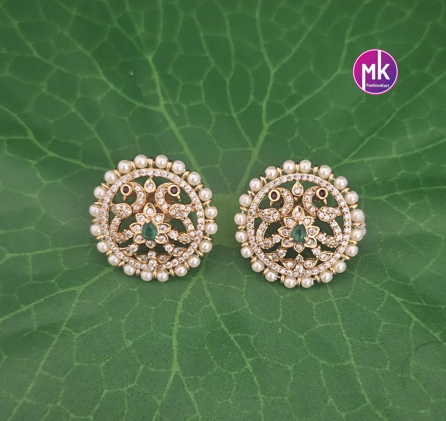 Peacock Design Gold finish AD stone Earrings with Pearls - Partywear Earrings - MK Fashionkart - Fashion Jewelry