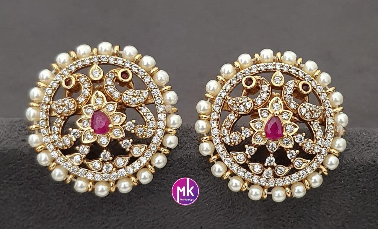 Peacock Design Gold finish AD stone Earrings with Pearls - Partywear Earrings - MK Fashionkart - Fashion Jewelry