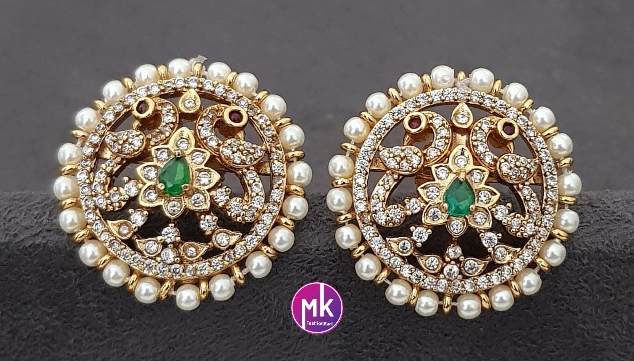 Peacock Design Gold finish AD stone Earrings with Pearls - Partywear Earrings - MK Fashionkart - Fashion Jewelry