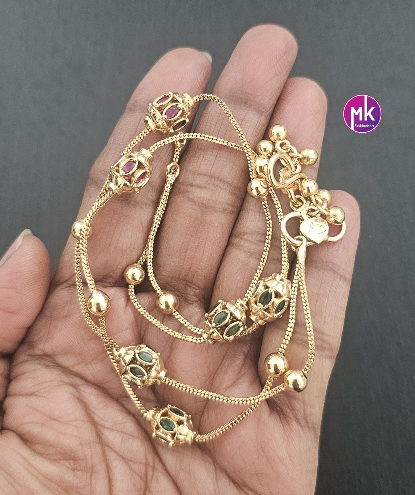 Gold Finish Multi-color AD stone Anklet/Leg chain/kolusu - MK Fashionkart - Indian Fashion Jewelry