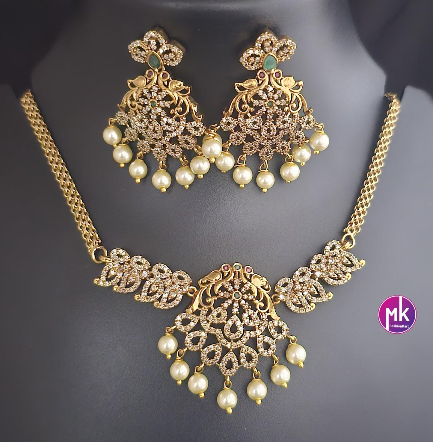 Premium quality Gold finish CZ/AD stone Choker cum Necklace with hanging pearl and Earring - MK Fashionkart - Fashion Jewelry