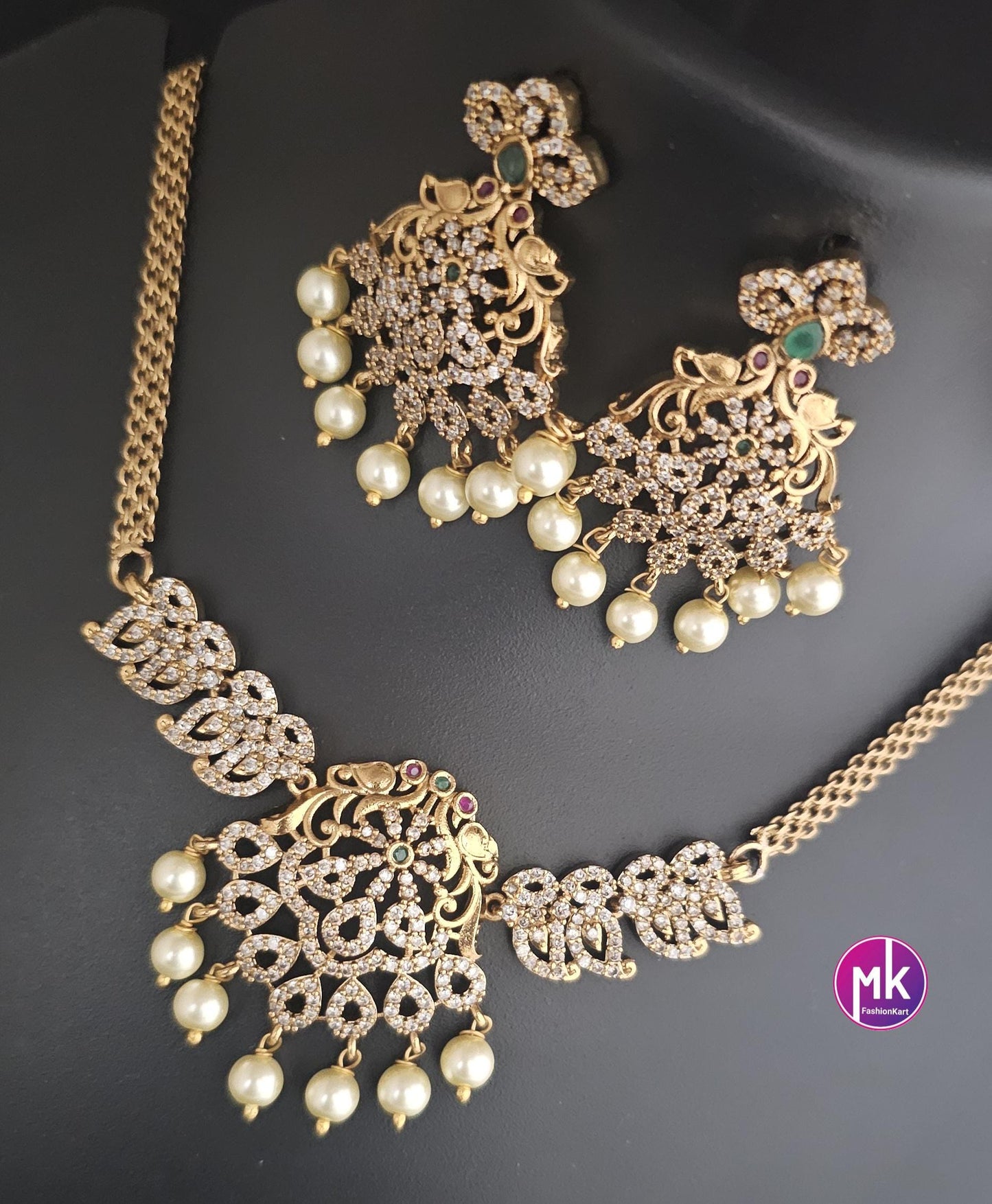 Premium quality Gold finish CZ/AD stone Choker cum Necklace with hanging pearl and Earring - MK Fashionkart - Fashion Jewelry