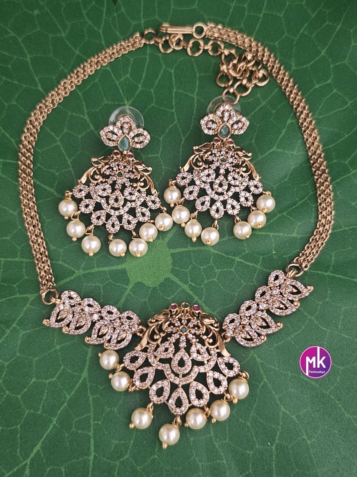 Premium quality Gold finish CZ/AD stone Choker cum Necklace with hanging pearl and Earring - MK Fashionkart - Fashion Jewelry