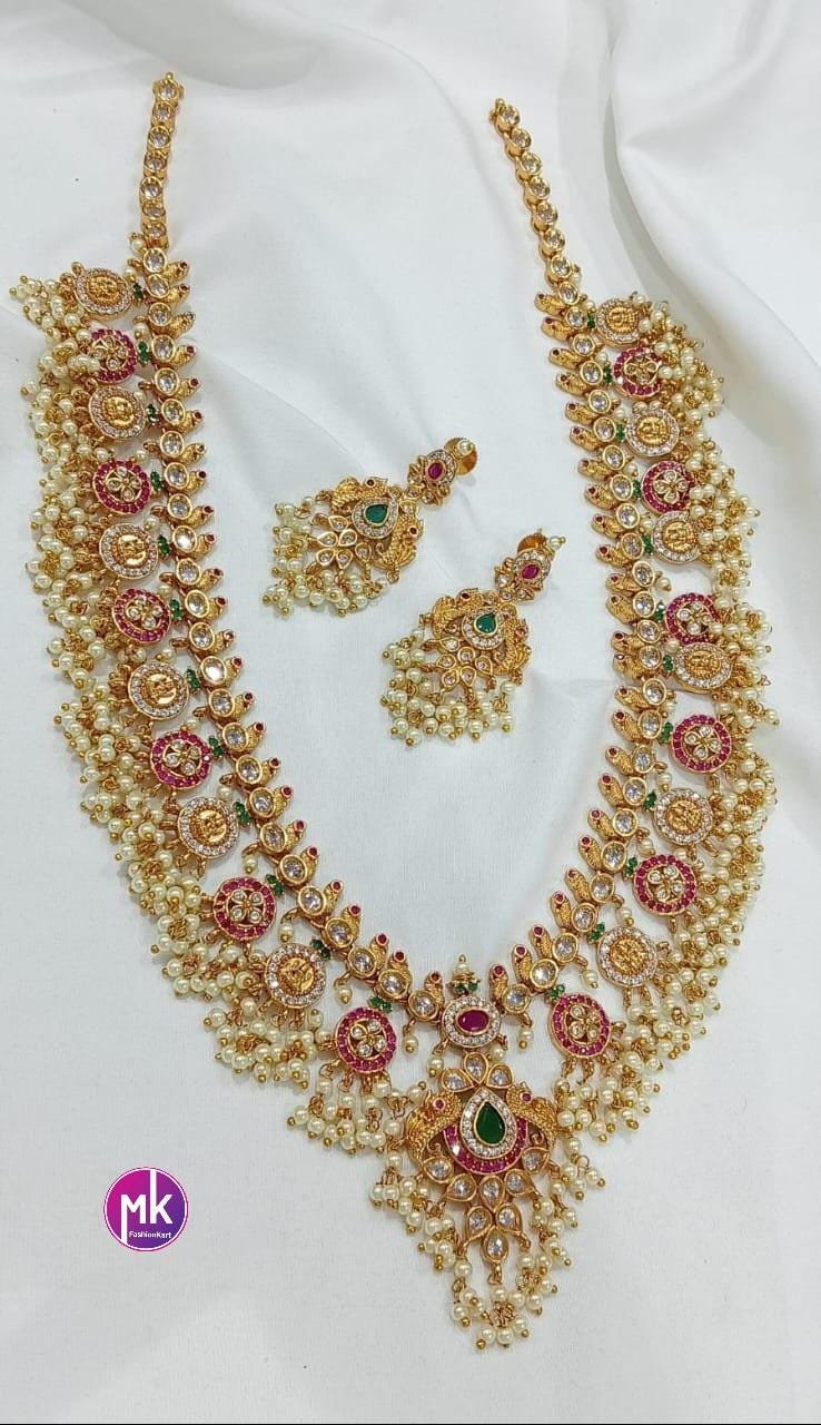 Celebrity Style Peacock Guttapusalu Premium quality Kemp stone Gold Jewelry Replica Combo set - Bridal set - Wedding set - MK Fashionkart