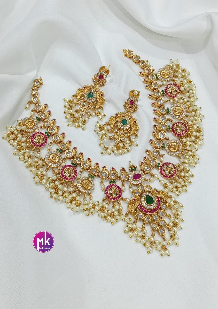 Celebrity Style Peacock Guttapusalu Premium quality Kemp stone Gold Jewelry Replica Combo set - Bridal set - Wedding set - MK Fashionkart