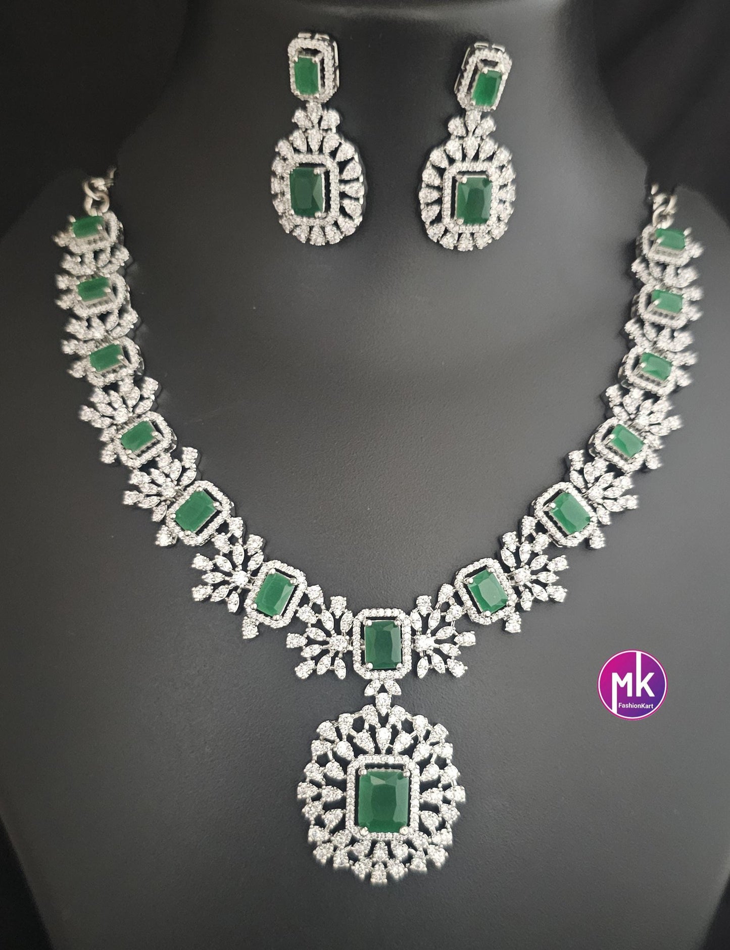 Premium Quality CZ/AD Bridal Ruby Pink & Emerald Green stone Necklace set - Partywear Necklace set - MK Fashionkart - Fashion Jewelry