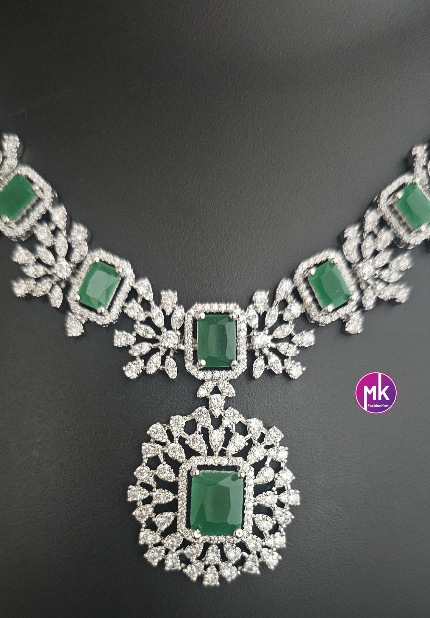 Premium Quality CZ/AD Bridal Ruby Pink & Emerald Green stone Necklace set - Partywear Necklace set - MK Fashionkart - Fashion Jewelry