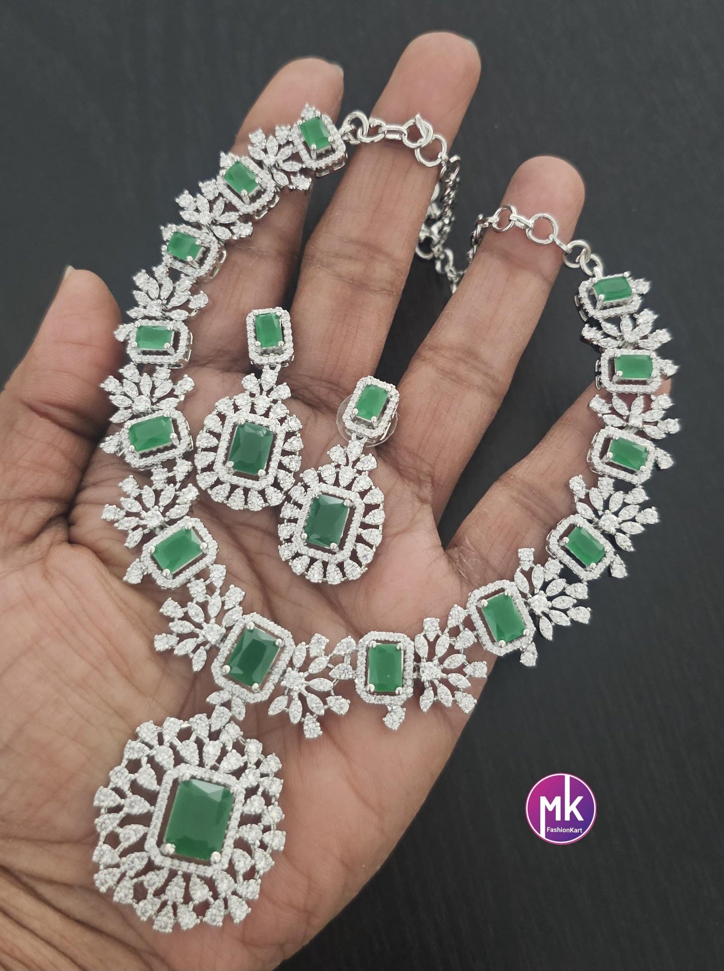 Premium Quality CZ/AD Bridal Ruby Pink & Emerald Green stone Necklace set - Partywear Necklace set - MK Fashionkart - Fashion Jewelry
