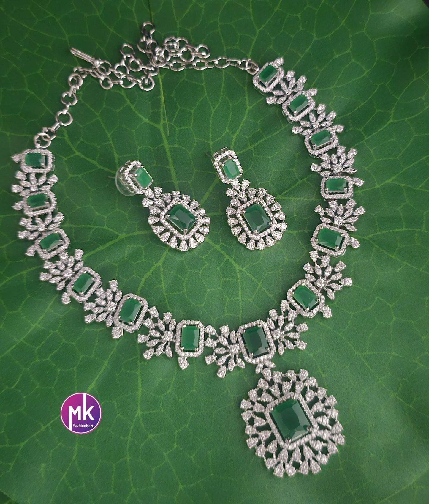 Premium Quality CZ/AD Bridal Ruby Pink & Emerald Green stone Necklace set - Partywear Necklace set - MK Fashionkart - Fashion Jewelry