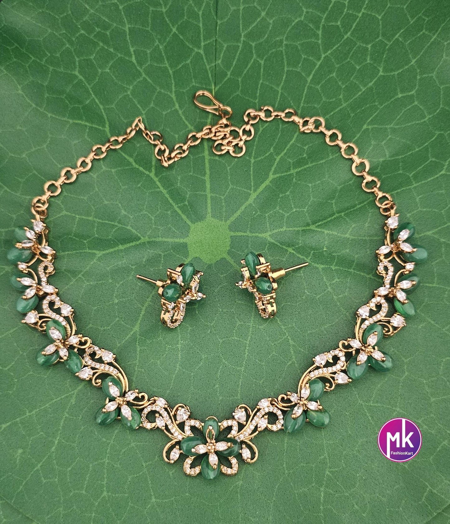 Flower design Premium quality Red, Green and Purple AD/CZ stone Necklace with Earrings - Fashion Jewelry - MK Fashionkart