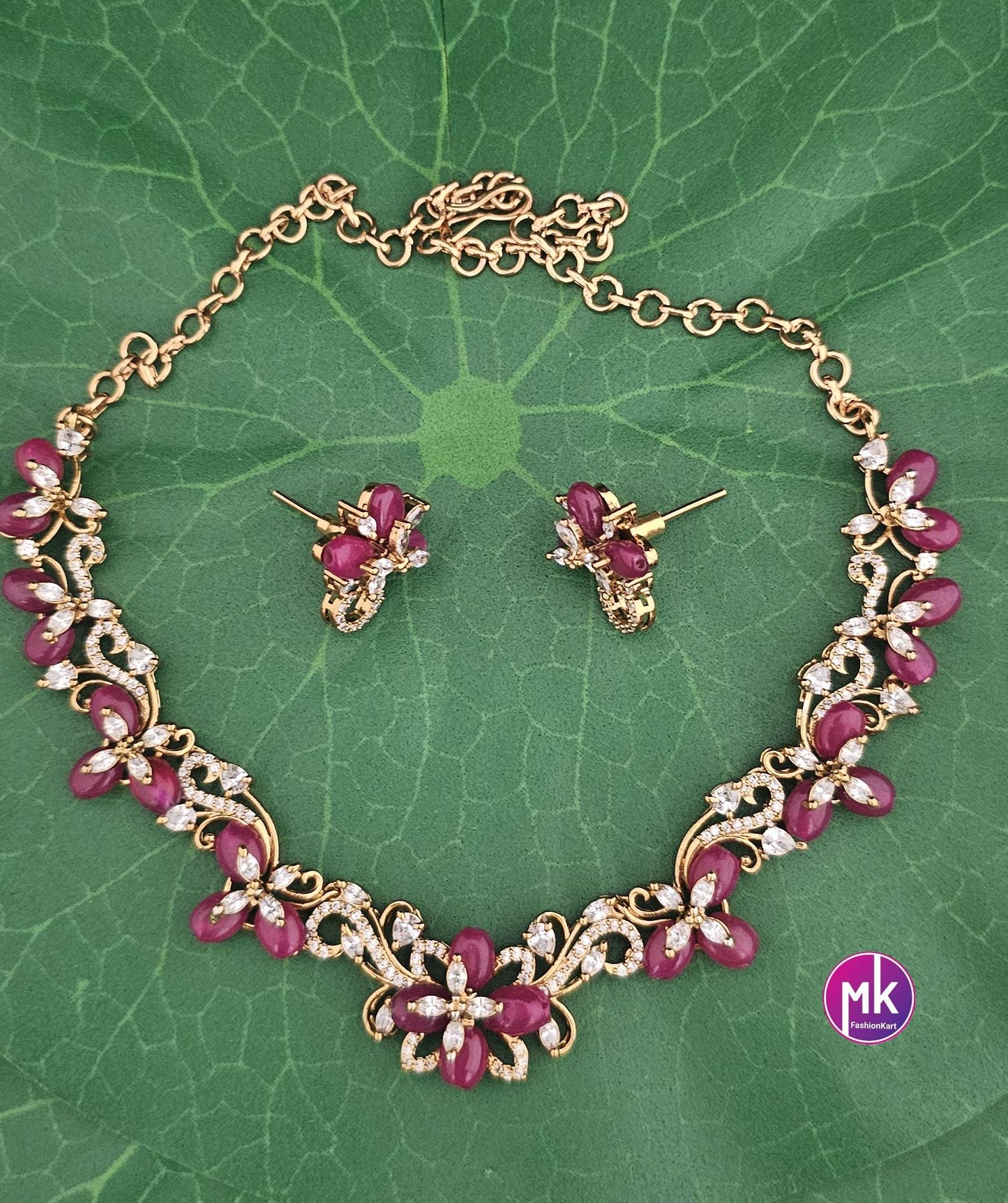 Flower design Premium quality Red, Green and Purple AD/CZ stone Necklace with Earrings - Fashion Jewelry - MK Fashionkart