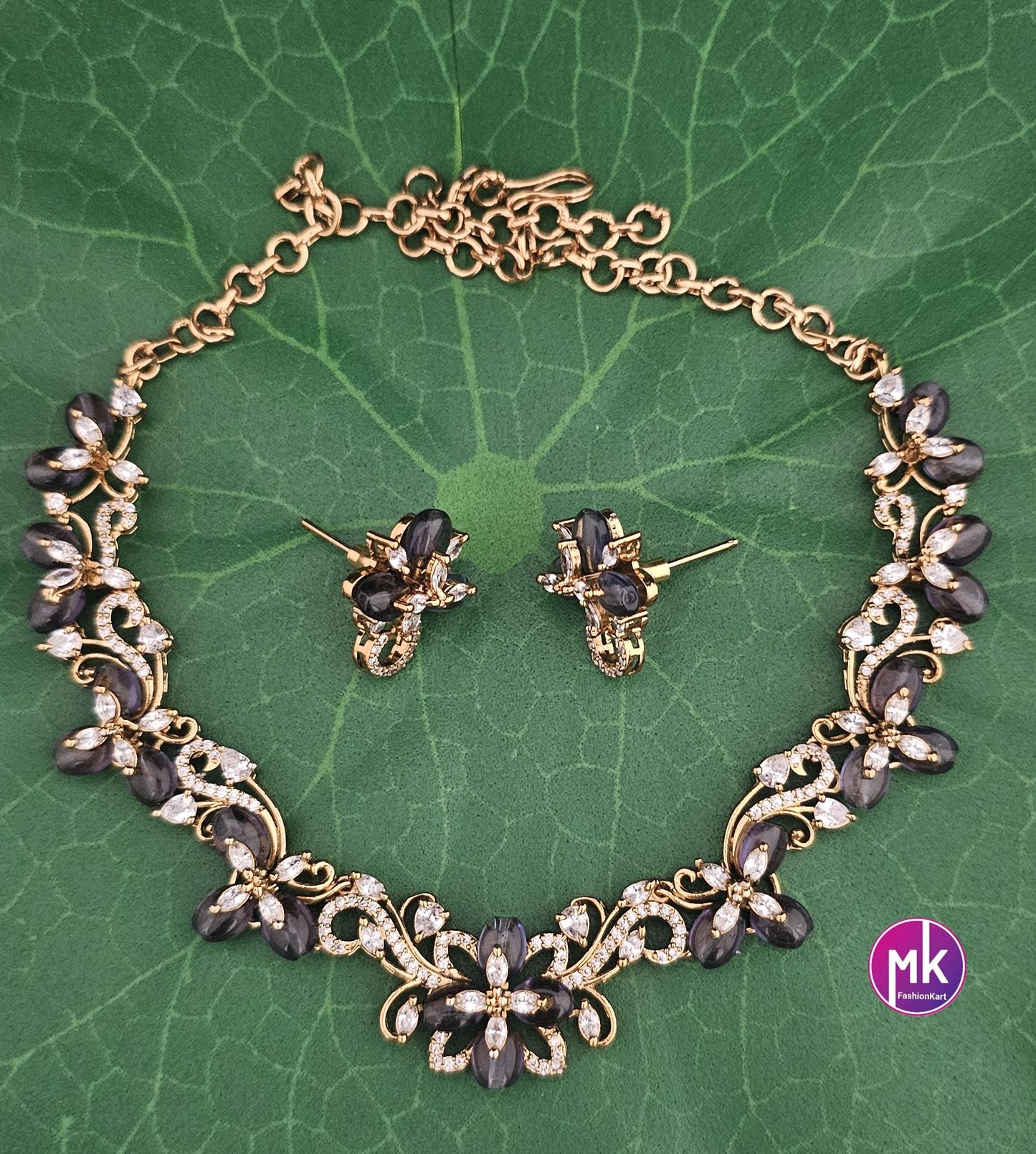Flower design Premium quality Red, Green and Purple AD/CZ stone Necklace with Earrings - Fashion Jewelry - MK Fashionkart