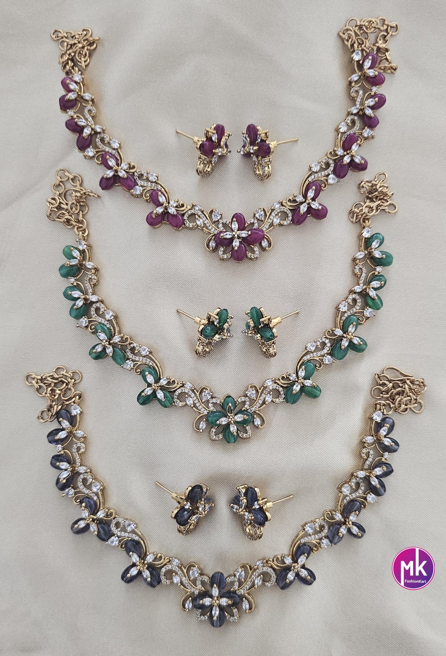 Flower design Premium quality Red, Green and Purple AD/CZ stone Necklace with Earrings - Fashion Jewelry - MK Fashionkart