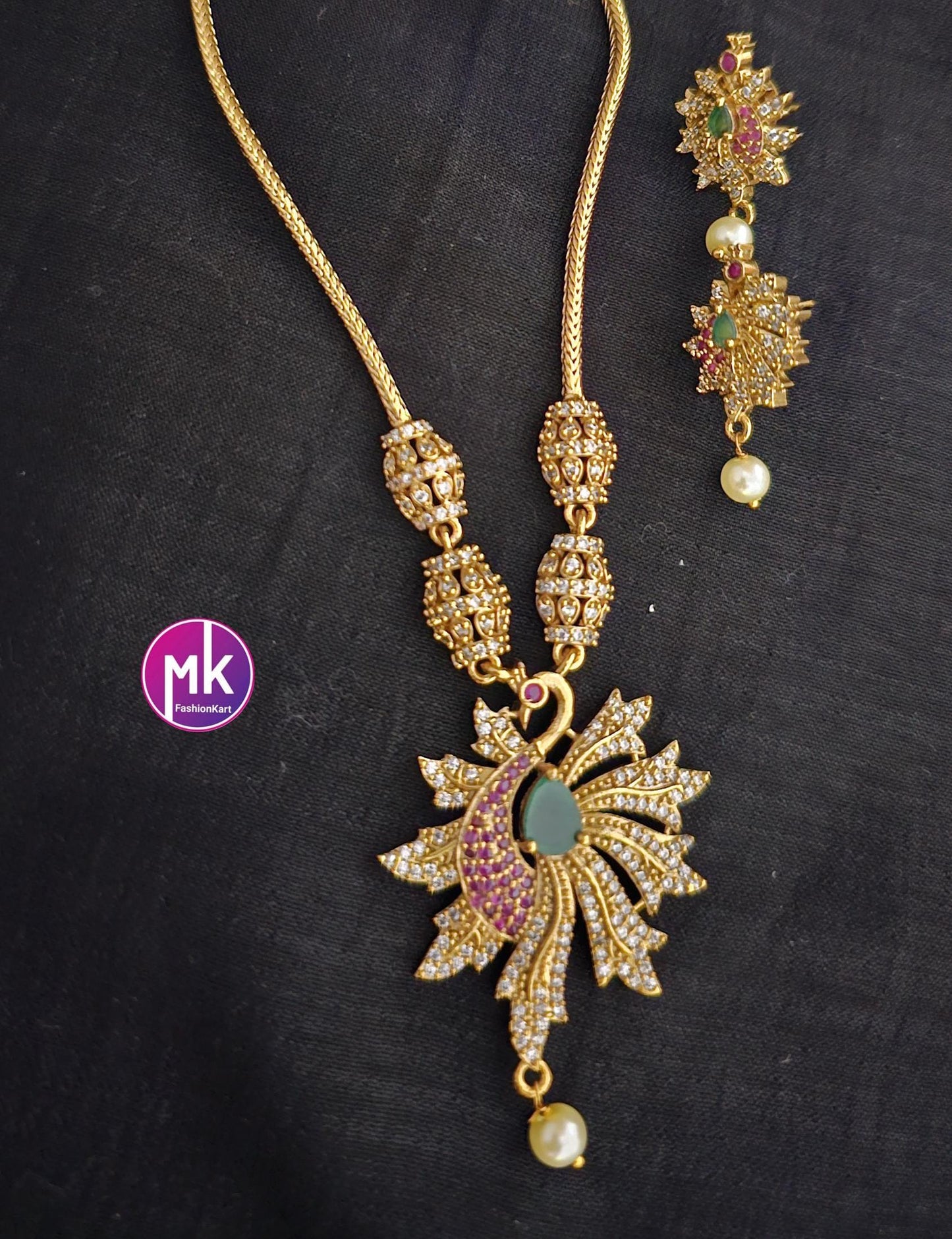 Premium quality peacock design Multi-color AD stones Necklace with cute Earrings with hanging pearls - Fashion Jewelry - MK Fashionkart