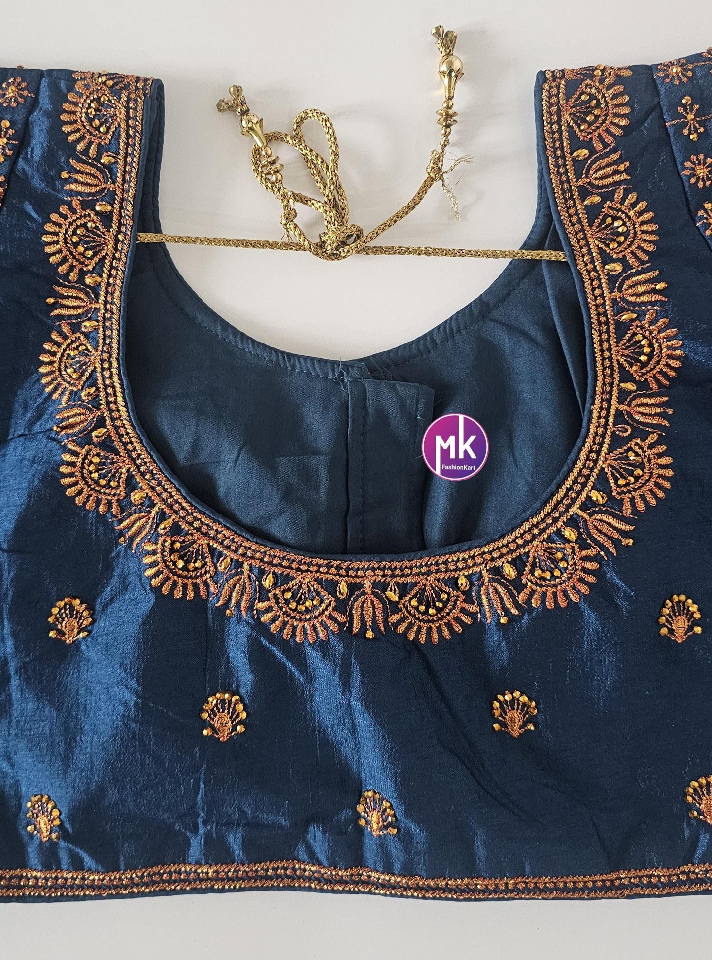 Readymade Saree Blouse - Silk base Dark peacock blue color floral and umbrella Embroidery Blouses - Princess cut - Size 40" - MK Fashionkart
