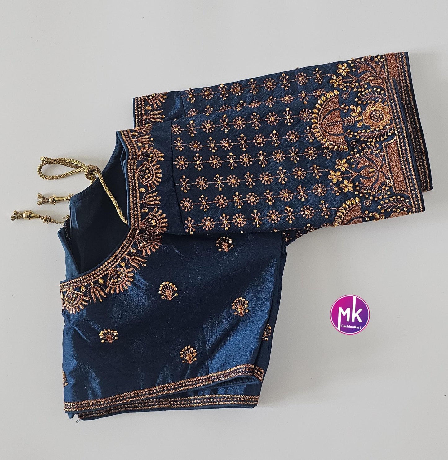 Readymade Saree Blouse - Silk base Dark peacock blue color floral and umbrella Embroidery Blouses - Princess cut - Size 40" - MK Fashionkart