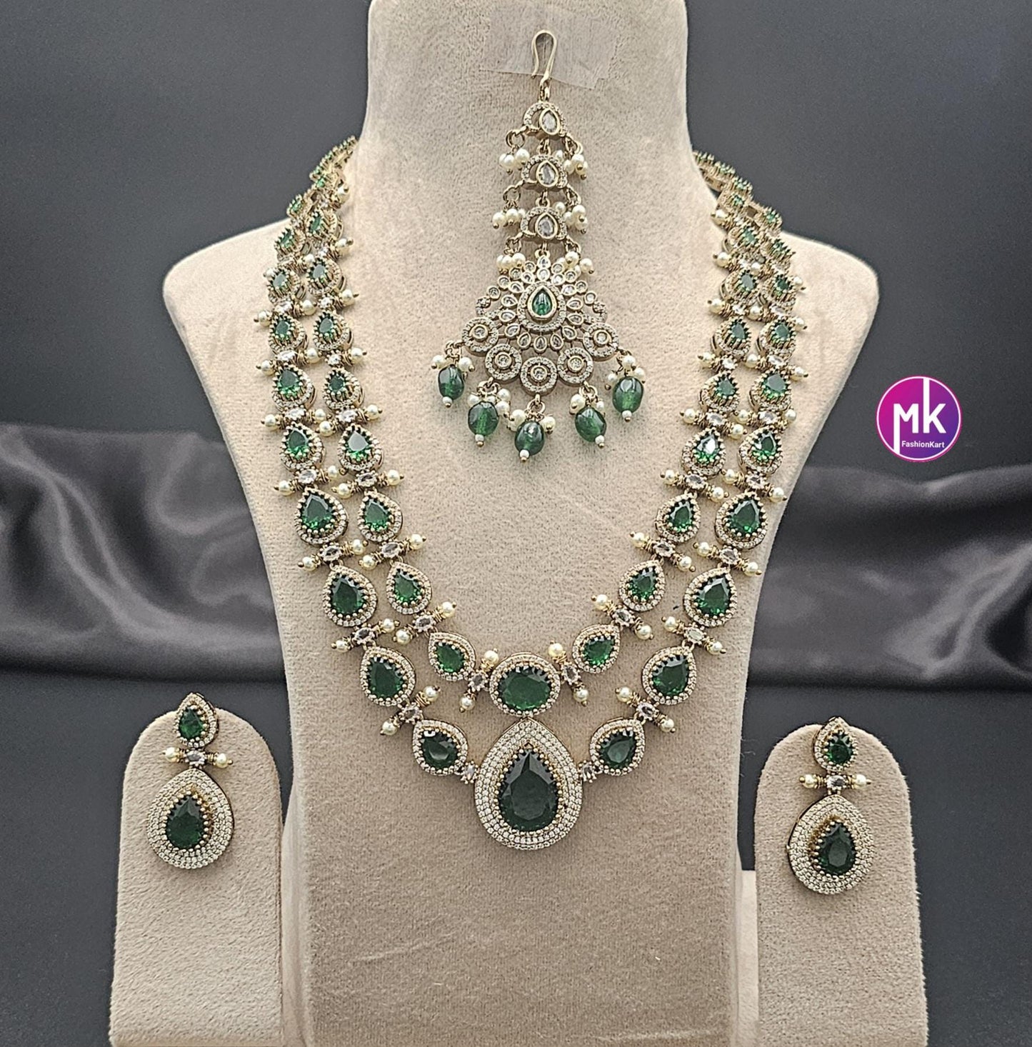 Celebrity style Bridal Victorian Emerald Combo set - Premium quality Victorian Polish Combo AD/CZ stone Combo set - MK Fashionkart