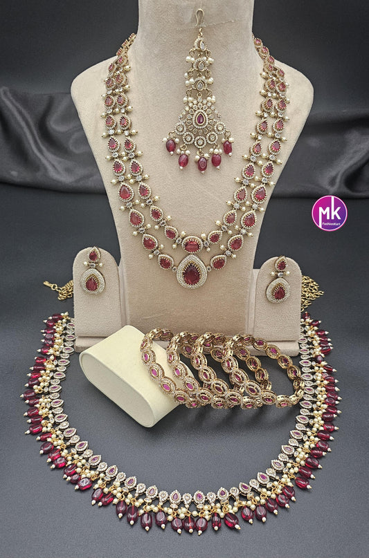 Celebrity style Bridal Victorian Ruby Combo set - Premium quality Victorian Polish Combo AD/CZ stone Bridal Combo set - MK Fashionkart