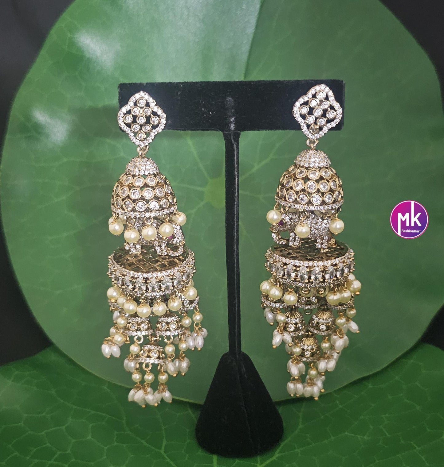 Premium quality premium polish Antique gold finish Elephant design Big Jhumka with hangings pearls - MK Fashionkart - Fashion Jewelry