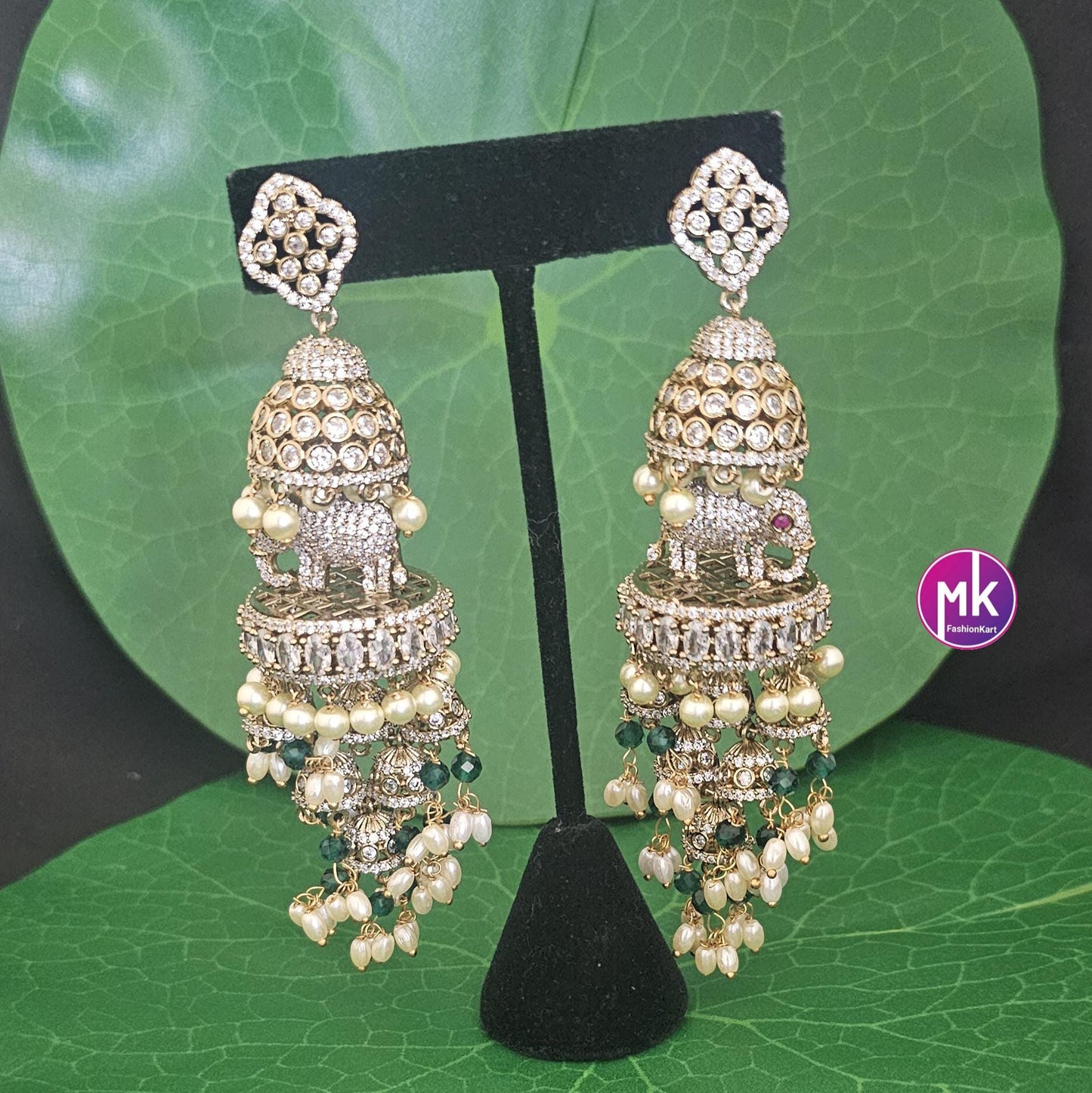 Premium quality premium polish Antique gold finish Elephant design Big Jhumka with hangings pearls - MK Fashionkart - Fashion Jewelry