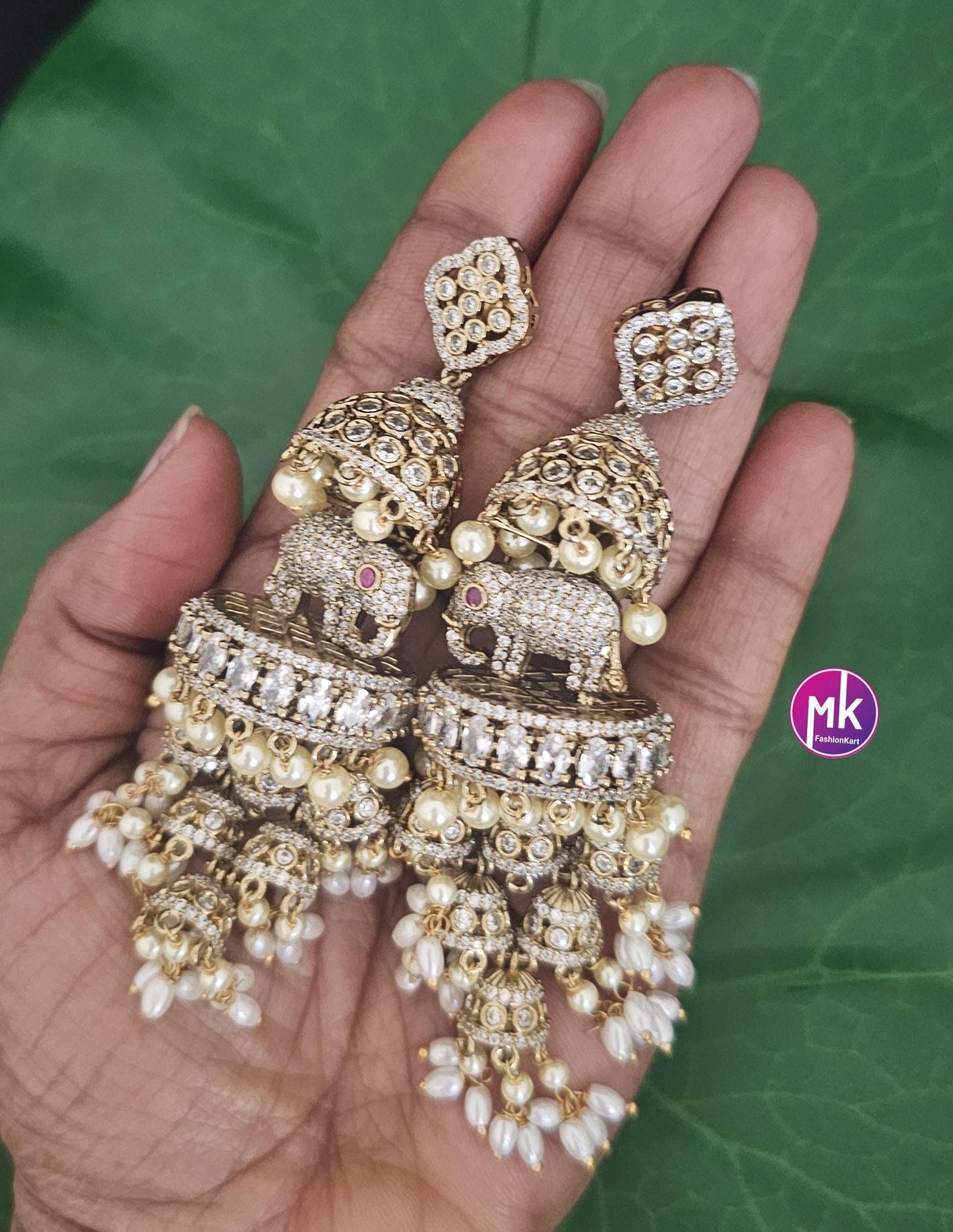 Premium quality premium polish Antique gold finish Elephant design Big Jhumka with hangings pearls - MK Fashionkart - Fashion Jewelry