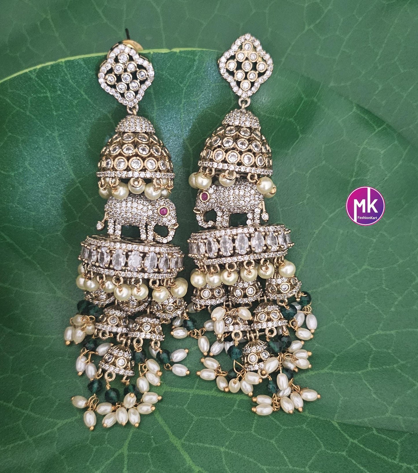Premium quality premium polish Antique gold finish Elephant design Big Jhumka with hangings pearls - MK Fashionkart - Fashion Jewelry