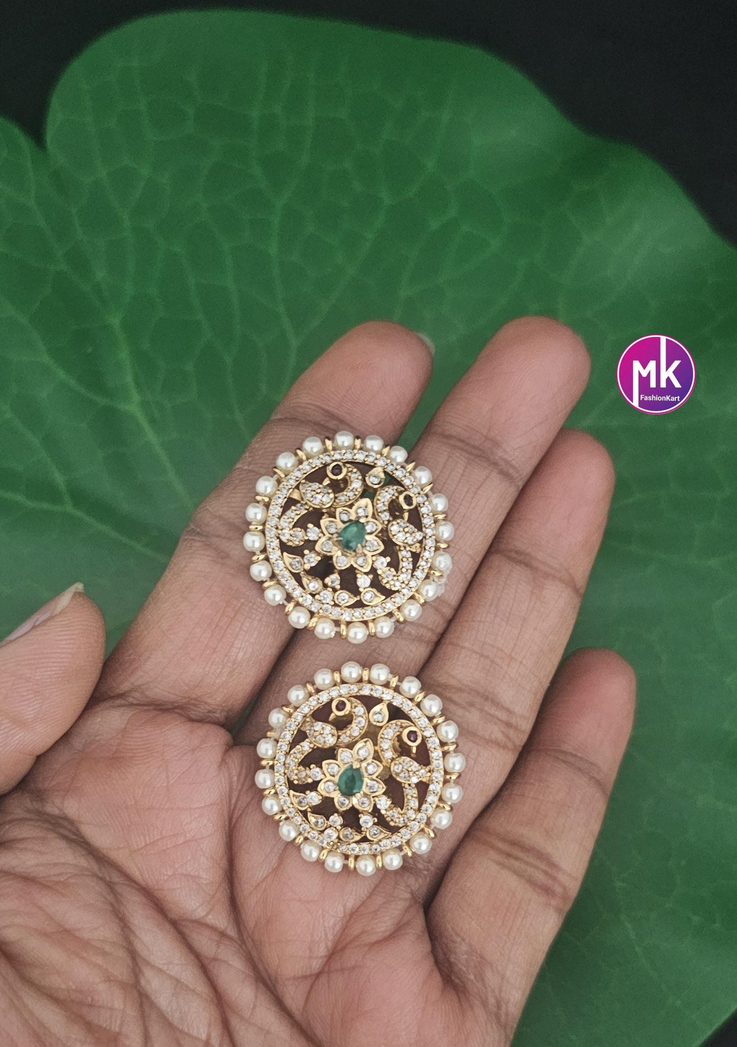 Peacock Design Gold finish AD stone Earrings with Pearls - Partywear Earrings - MK Fashionkart - Fashion Jewelry
