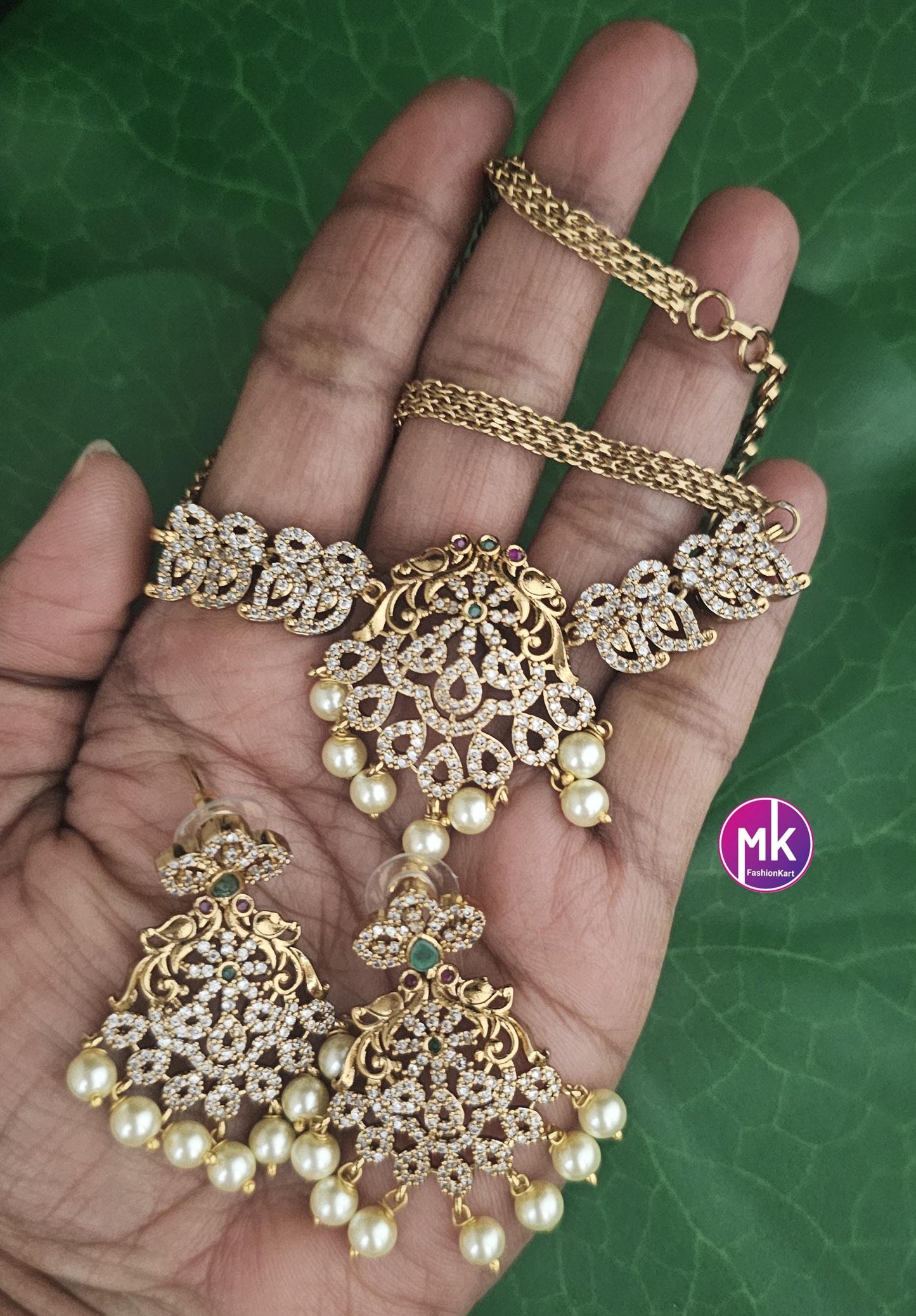 Premium quality Gold finish CZ/AD stone Choker cum Necklace with hanging pearl and Earring - MK Fashionkart - Fashion Jewelry