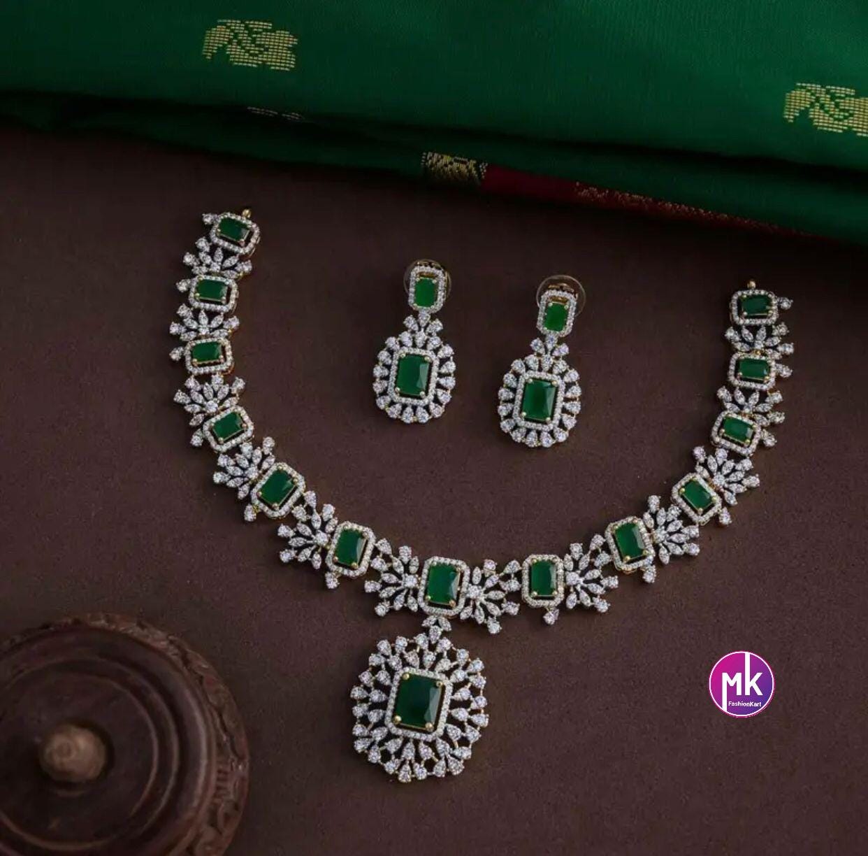 Premium Quality CZ/AD Bridal Ruby Pink & Emerald Green stone Necklace set - Partywear Necklace set - MK Fashionkart - Fashion Jewelry