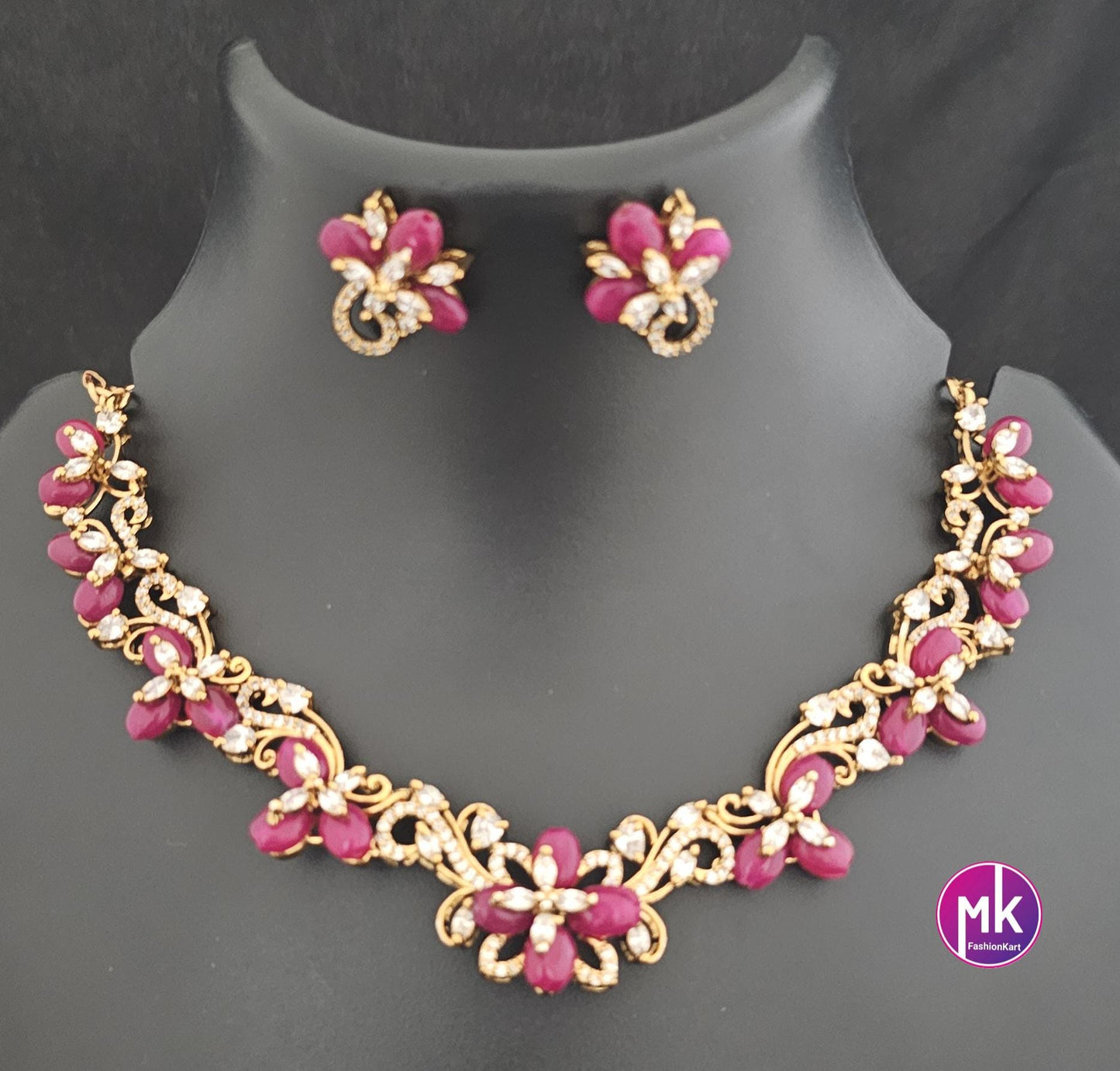 Flower design Premium quality Red, Green and Purple AD/CZ stone Necklace with Earrings - Fashion Jewelry - MK Fashionkart