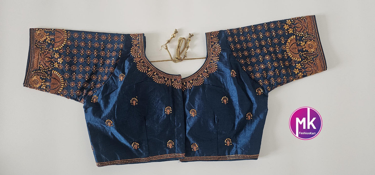 Readymade Saree Blouse - Silk base Dark peacock blue color floral and umbrella Embroidery Blouses - Princess cut - Size 40" - MK Fashionkart