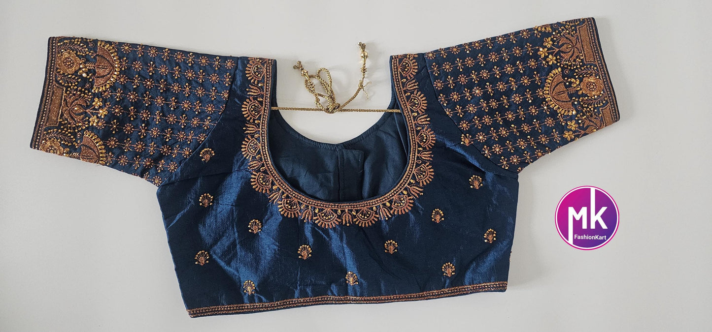 Readymade Saree Blouse - Silk base Dark peacock blue color floral and umbrella Embroidery Blouses - Princess cut - Size 40" - MK Fashionkart