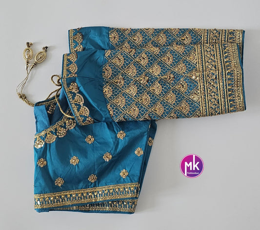 Readymade Saree Blouse - Soft Silk Lite Blue color floral Embroidery Blouses for Saree/Lehenga - Size 38" - MK Fashionkart