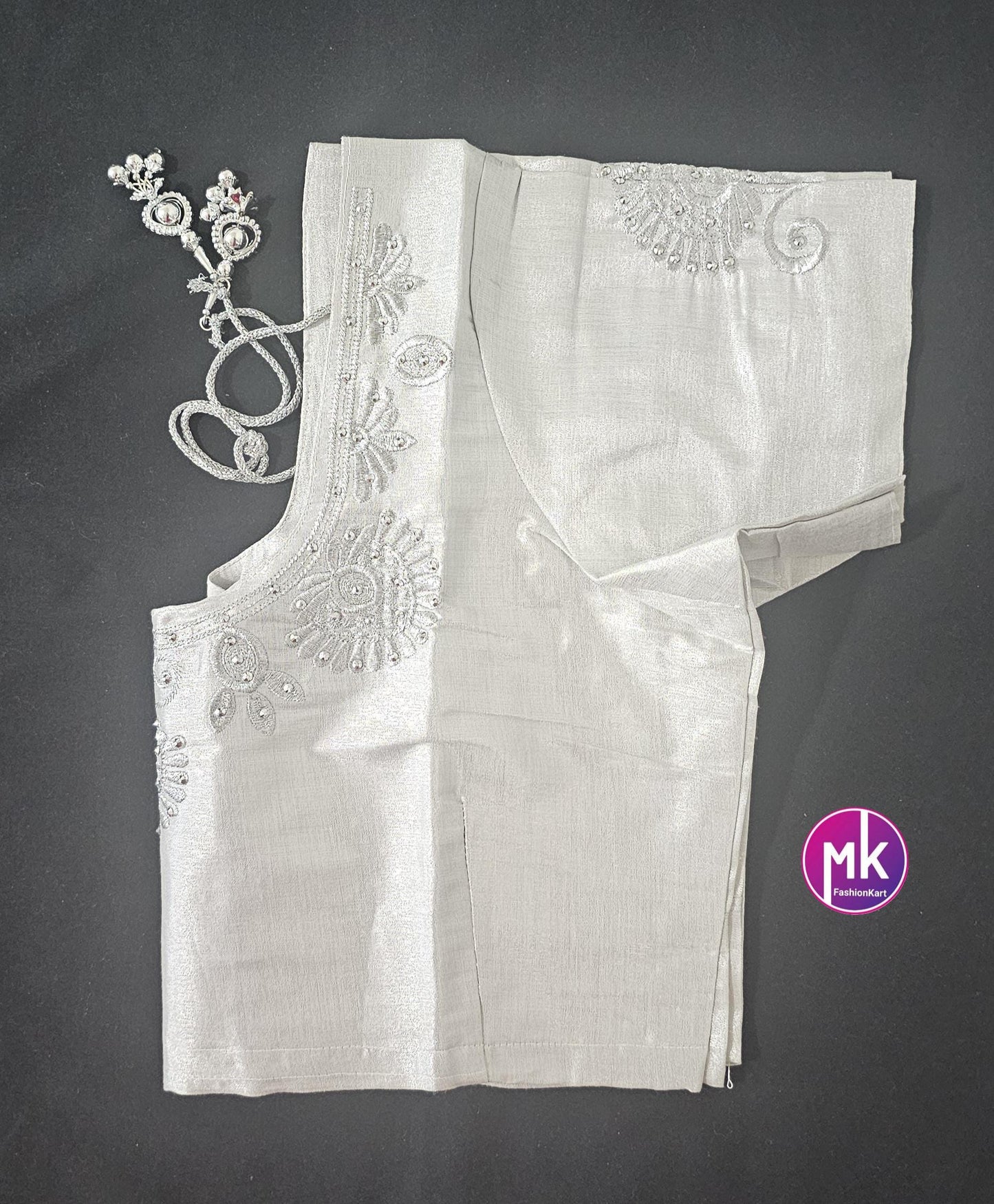 Silver Color Readymade Saree Blouse - Silk with Embroidery blouse - Size 40 - Saree/Lehenga Blouse - MK Fashionkart