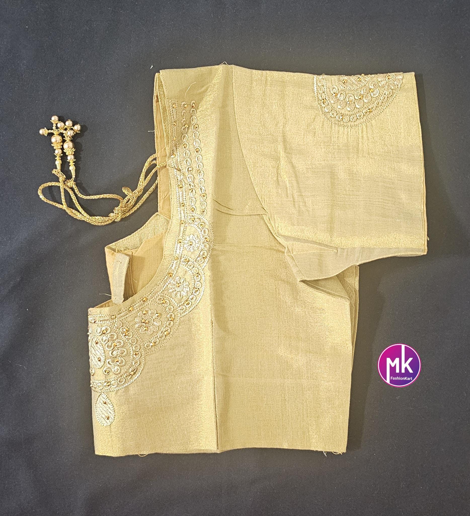 Golden Color Readymade Saree Blouse - Silk with Embroidery blouse - Size 44 - Saree/Lehenga Blouse - MK Fashionkart