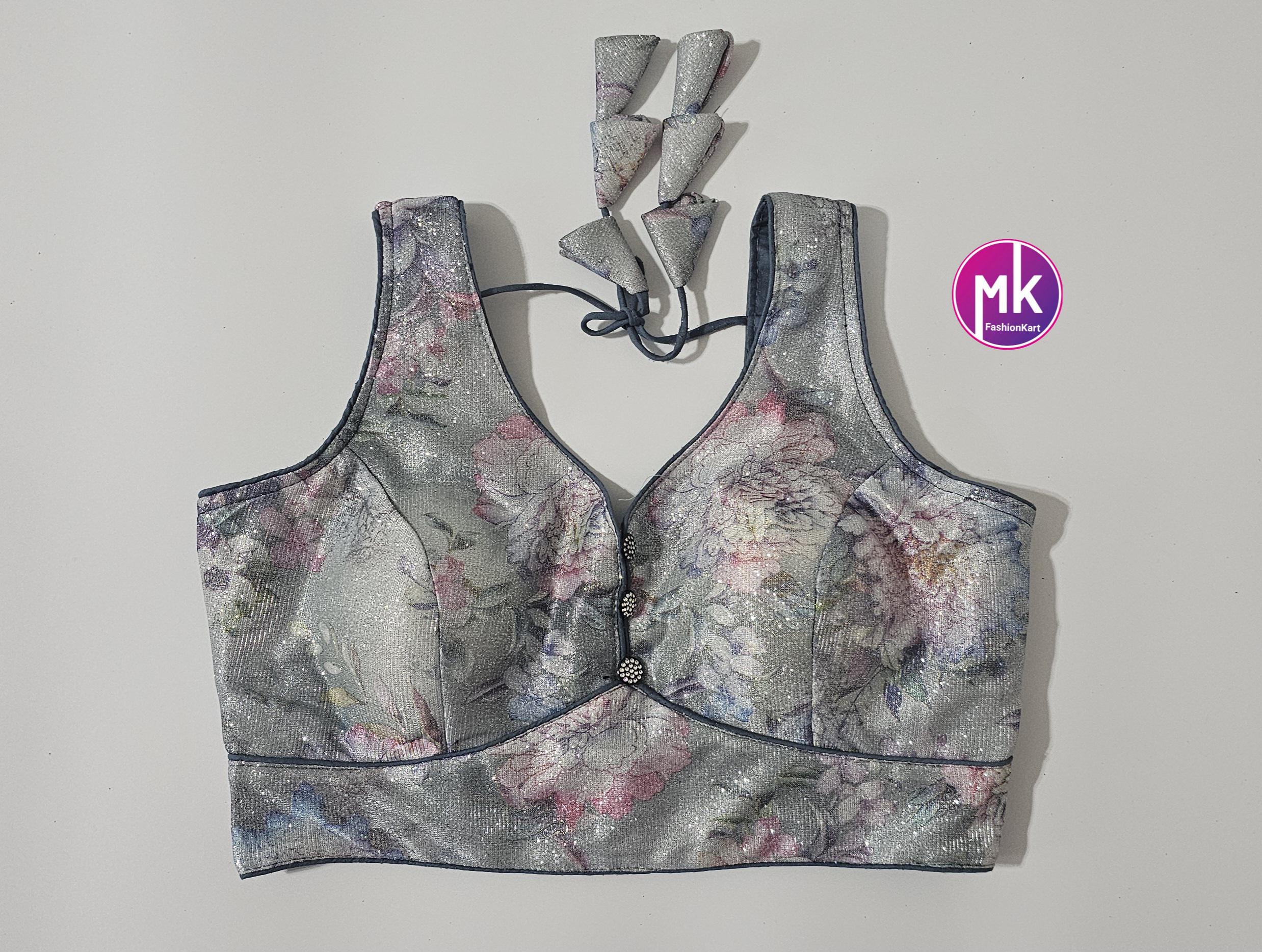 Readymade Sleeveless (Sleeve cloth inside) Saree Blouse/Lehenga Blouse - Shiny multi-color Silk fabric Blouses - Size 38" - MK Fashionkart