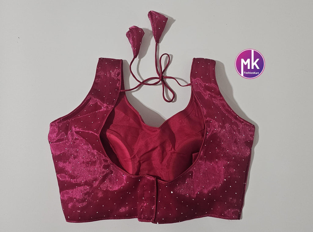 Readymade Sleeveless (Sleeve cloth inside) Saree Blouse/Lehenga Blouse - Burbery Syroski fabric Blouses - Size 38" - MK Fashionkart