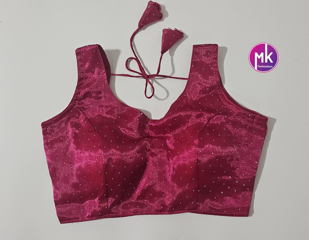 Readymade Sleeveless (Sleeve cloth inside) Saree Blouse/Lehenga Blouse - Burbery Syroski fabric Blouses - Size 38" - MK Fashionkart