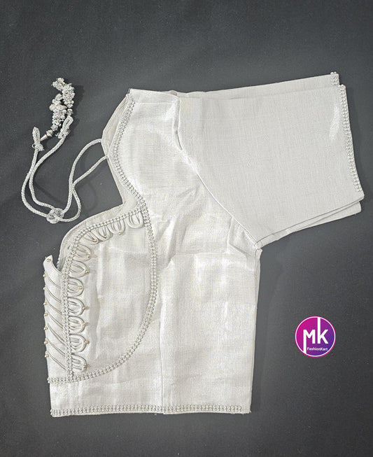 Silver Color Readymade Saree Blouse - Silk with Embroidery blouse - Size 40 - Saree/Lehenga Blouse - MK Fashionkart