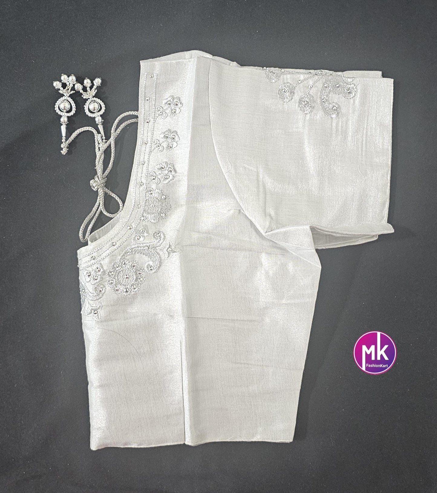 Silver Color Readymade Saree Blouse - Silk with Embroidery blouse - Size 40 - Saree/Lehenga Blouse - MK Fashionkart