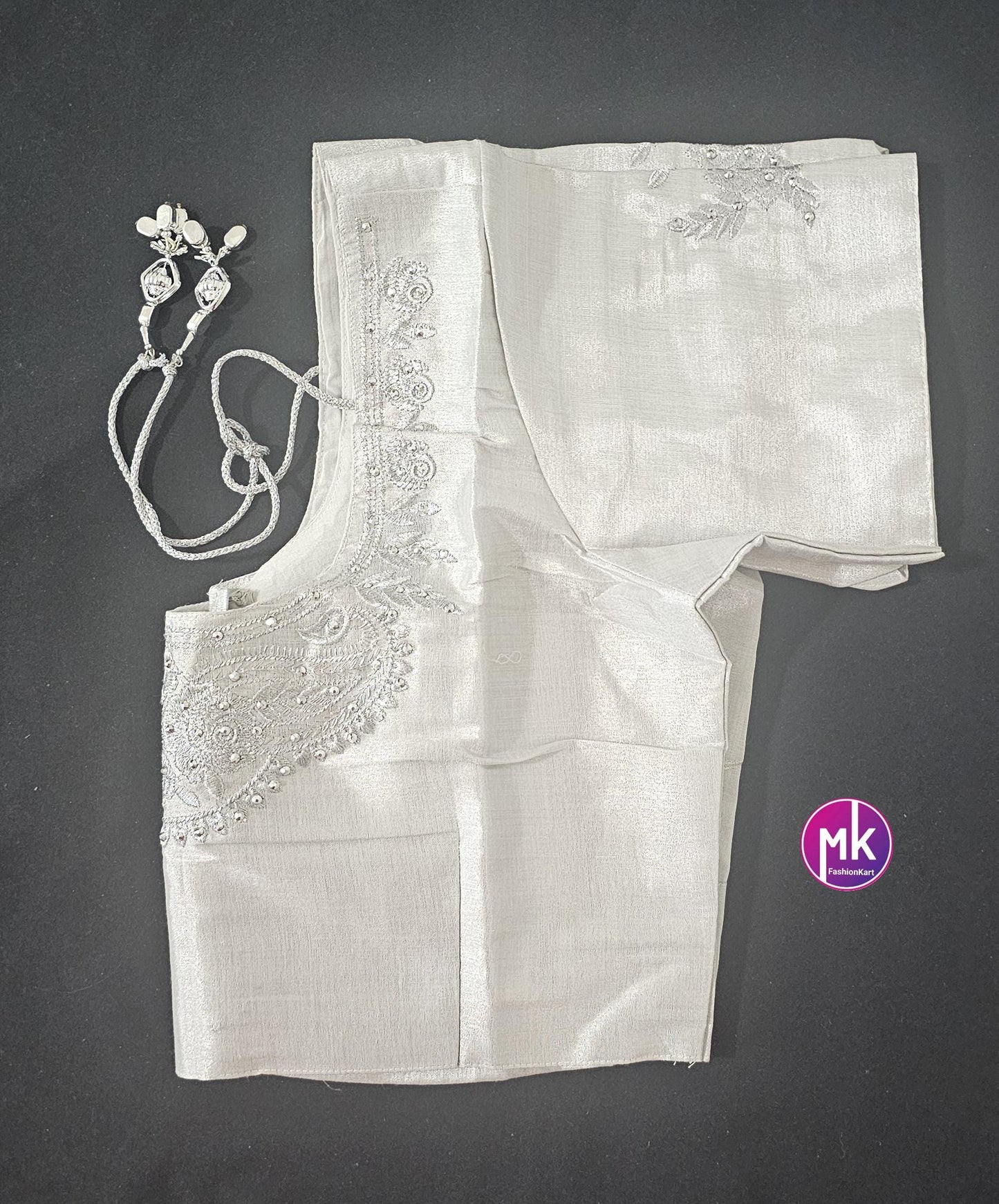 Silver Color Readymade Saree Blouse - Silk with Embroidery blouse - Size 40 - Saree/Lehenga Blouse - MK Fashionkart
