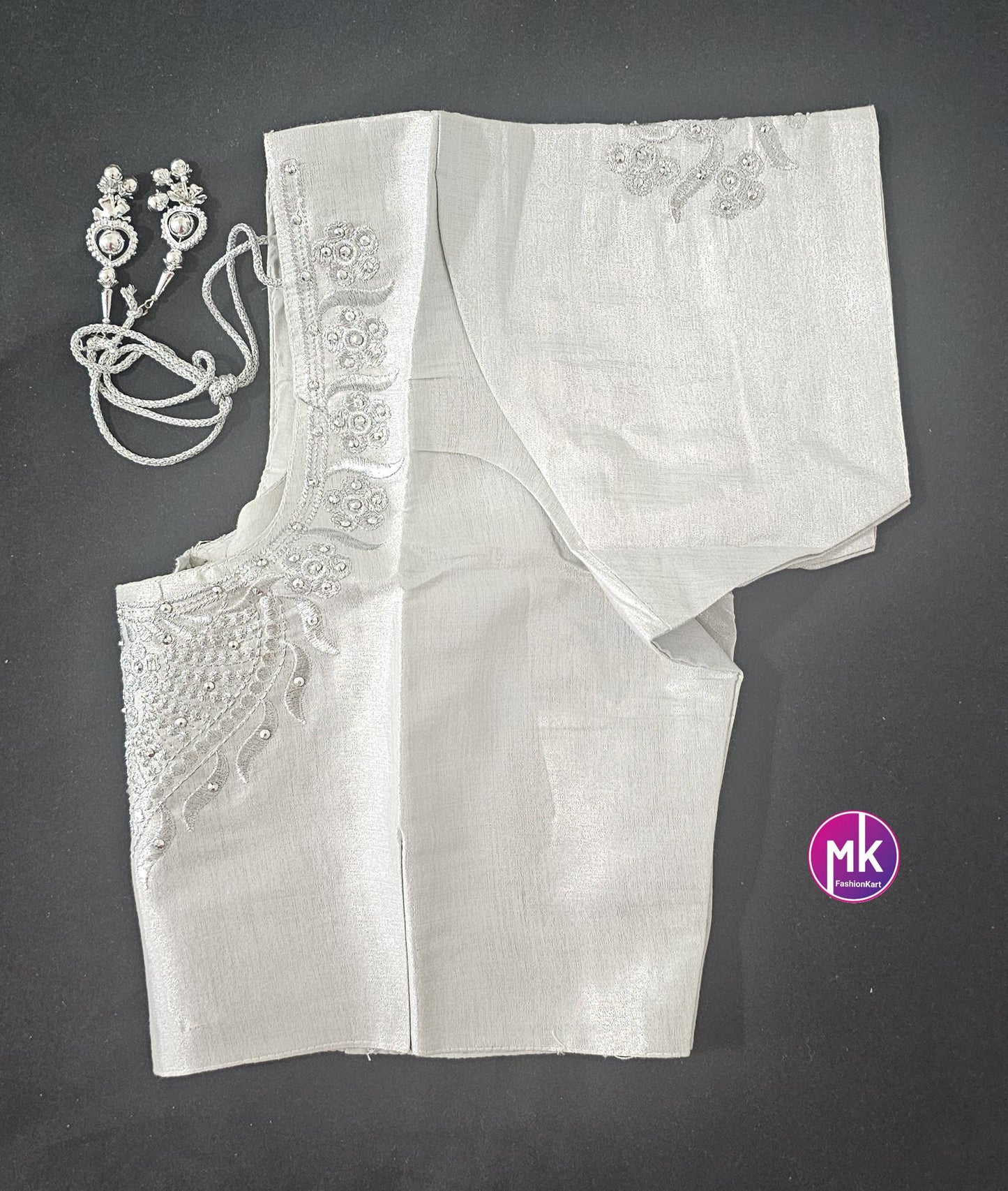 Silver Color Readymade Saree Blouse - Silk with Embroidery blouse - Size 40 - Saree/Lehenga Blouse - MK Fashionkart
