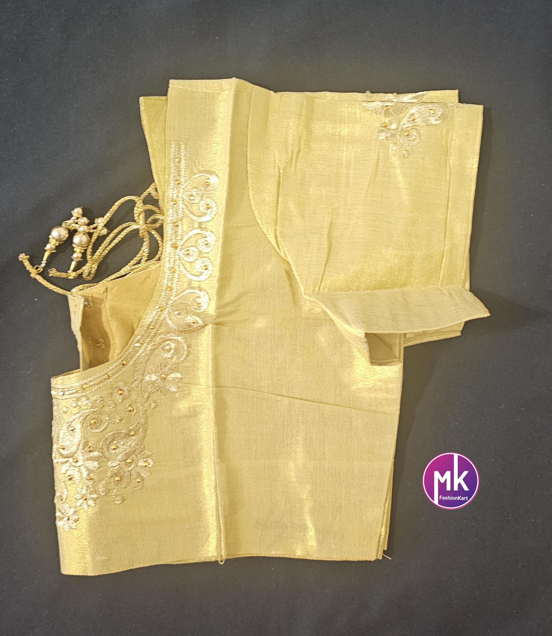 Golden Color Readymade Saree Blouse - Silk with Embroidery blouse - Size 44 - Saree/Lehenga Blouse - MK Fashionkart